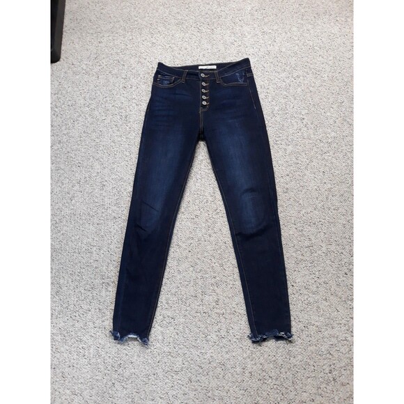 7/27 KanCan High-Rise Button Fly Lightly Distressed Dark Wash Raw Fray Hem - Picture 4 of 9